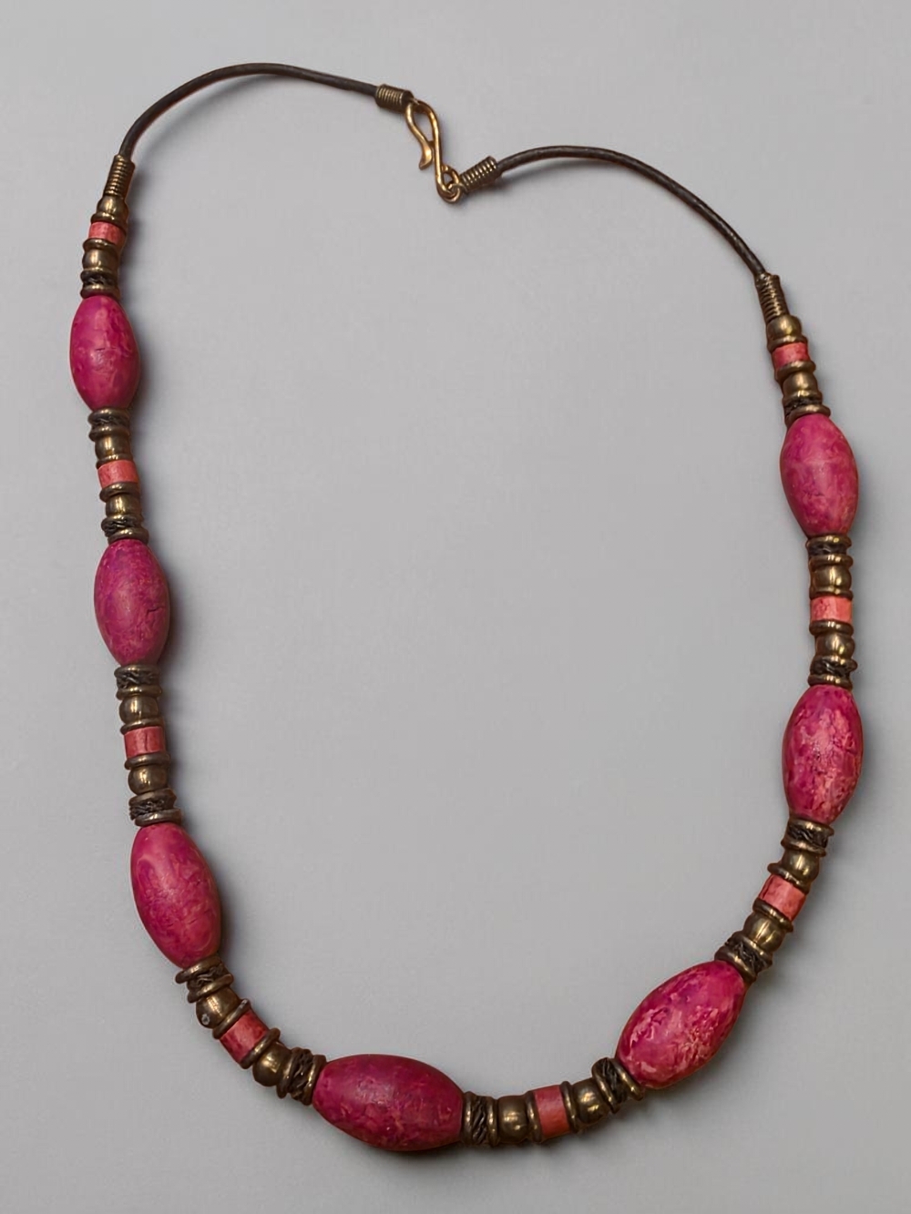 Red Boho Stone and Brass Beaded Cord Necklace